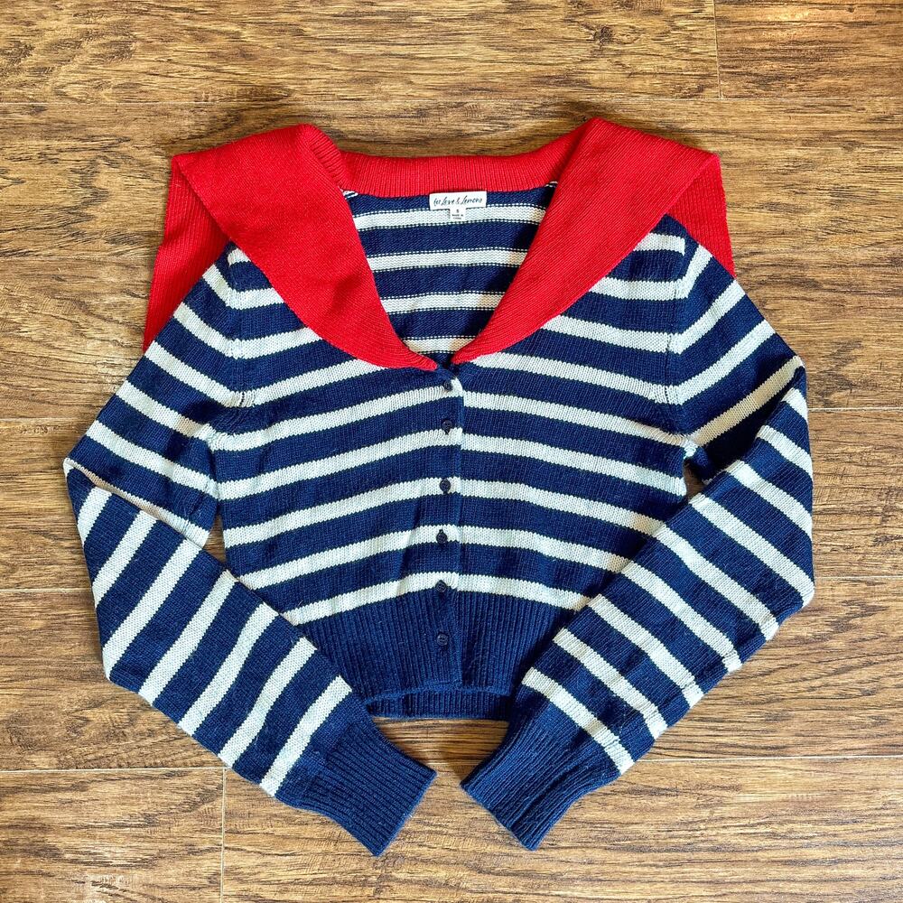 For Love & Lemons Navy White Stripe Red Sailor Collar Cardigan Sweater Small